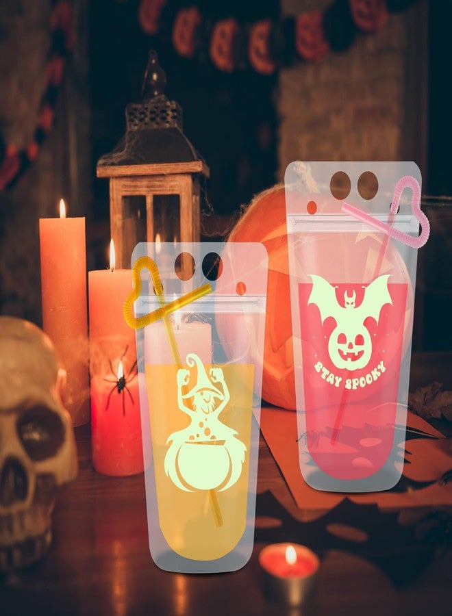 Hotop 36 Pcs Glow In The Dark Halloween Drink Pouches Luminous Beverage Drink Bags with 50 Pcs Straws Spooky Party Decorations Skeleon Ghosts Pumpkin Cups for Halloween Adults Party Favors Accessories - Image 5